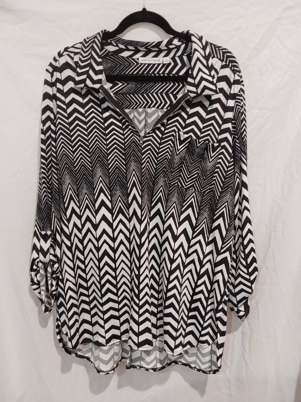 Notations Black & White Chevron Zip-Front Button Down Shirt